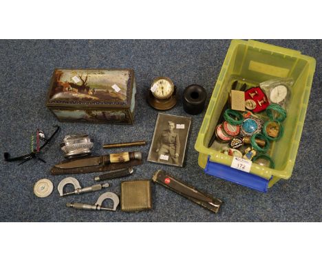 Box of oddments to include pen knives, table lighter, beaten silver plate card case, other instruments, clock, hunting knife,
