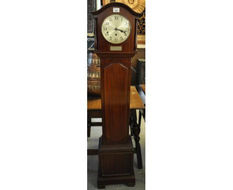 Early 20th Century mahogany three train presentation Grandmother clock with silvered Roman face. (B.P. 21% + VAT) We do not t