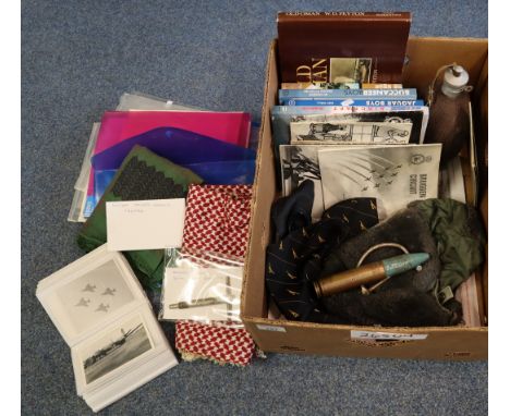 Box of assorted ephemera to include various books on aviation and aircraft, aviation related clothing accessories, plated fla