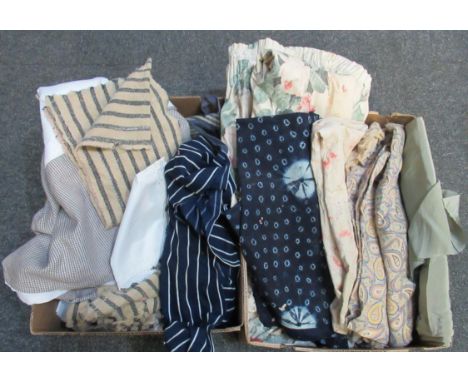 Two boxes of vintage textiles to include; embroidered tableware, gingham edged tablecloth, striped apron, offcuts of old Wels