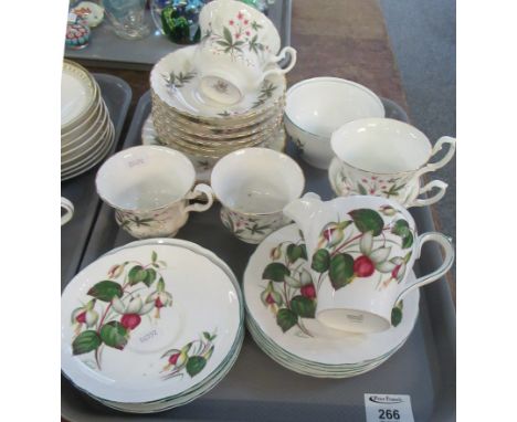 Tray of floral part teaware comprising; Shelley fine bone china fuschia design small plates, saucers, milk jug and sucrier an