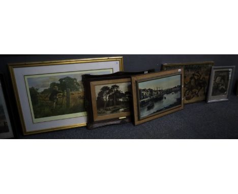 Collection of five furnishing pictures and prints, including; 'Golden Thoughts' by Anthony Gibbs, harbour scene print, Africa