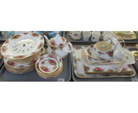 Two trays of Royal Albert 'Old Country Roses' English bone china items to include; teapot, dinner plates, various bowls and p