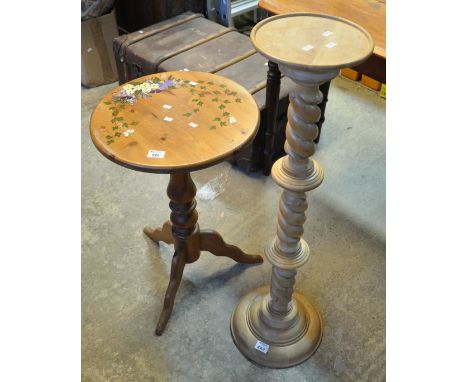 Modern pine tripod lamp table, hand painted with flowers and butterflies, together with a beech torchere stand with spiral sh