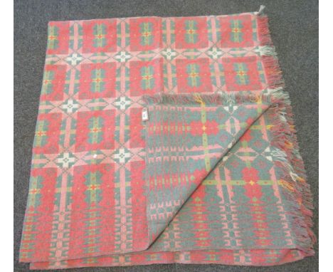 Vintage woollen Welsh tapestry blanket with fringed edges in blue and pink with a Brynkir Made in Wales label. (B.P. 21% + VA