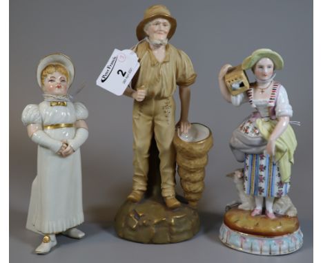 Royal Worcester porcelain figurine of a young lady with bonnet and dress with bow, together with a Sitzendorf German porcelai