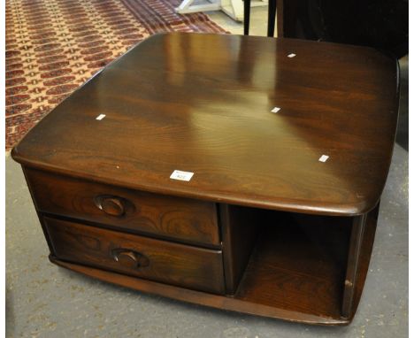 Ercol style rectangular elm coffee table with drawers and shelves. 77cm wide approx.(B.P. 21% + VAT) 