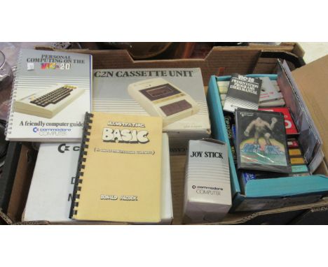 Box comprising vintage computer ephemera to include; a Commodore C2N cassette unit in original box, computing manual, Vic20 c