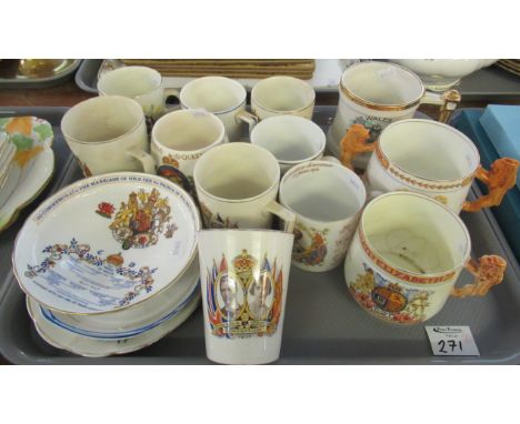 Two trays of Royal family commemorative items to include; Paragon mugs commemorating King George's coronation, an Aynsley ped