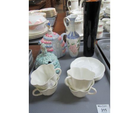 Tray of assorted items to include: four white Shelley 'Dainty' teacups and saucers, one 'Ye Daintee Ladyee' teapot with a ' Y