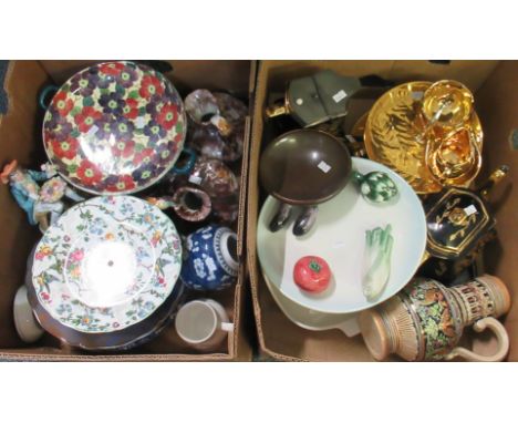 Two boxes of assorted mostly china to include; a hand painted Italian cabinet plate with relief vegetables, gold porcelain ca