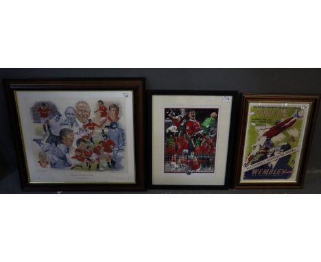 'Manchester United Past and Present' from an original painting by Peter Deighan, artist's proof print, framed and glazed, sig