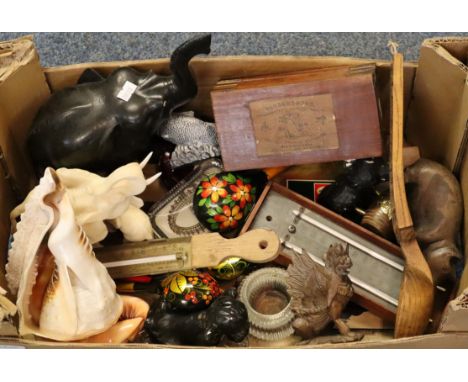 Box of oddments to include wooden and other animals, elephants, rhino, fish, glass ashtrays, national confectionery industry 