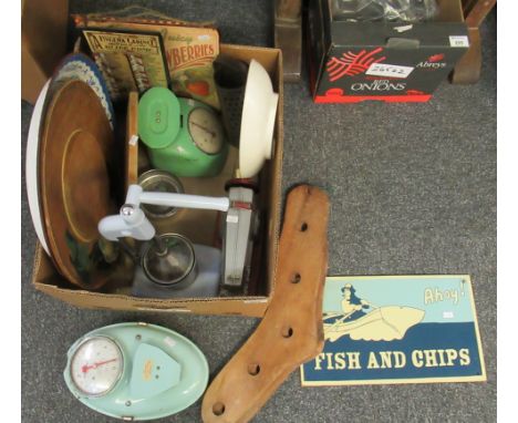 Box of mainly kitchenalia to include; two vintage Weighmaster scales, a grater, juice press, floral basket design tray, woode