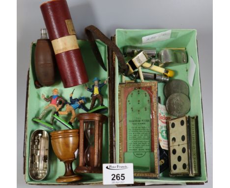 Box of oddments to include; a treen eggcup marked Jerusalem, the Acme 'Thunderer' whistle, USA $1 coin dated 1974, egg timer 