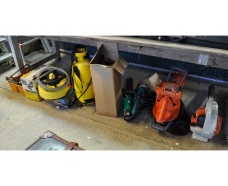 Collection of assorted tools and garden machinery to include; Husqvarna 225BV leaf collector, park side hedge trimmer, Karche