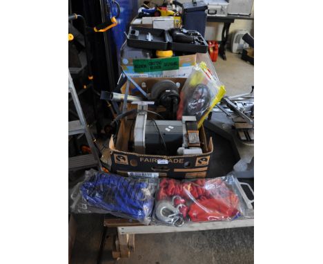 Box of miscellaneous to include; safety jump leads, Halfords heavy duty elasticated tow ropes, vintage knife or tool sharpene