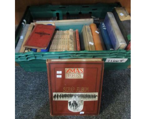 Box of vintage and antiquarian books to include; a Christmas 1903 scrap album, 9 volumes of 'My Garden' all 1930's, a quarter