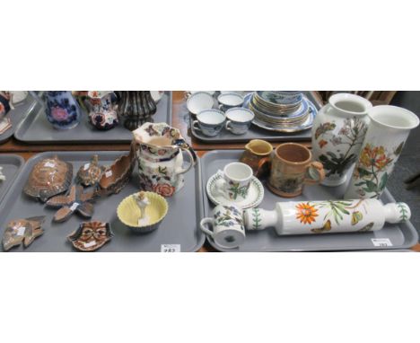 Two trays of china to include; Portmeirion Botanic Gardens vases, cups and saucer, rolling pin, a Mason's Ironstone dresser j