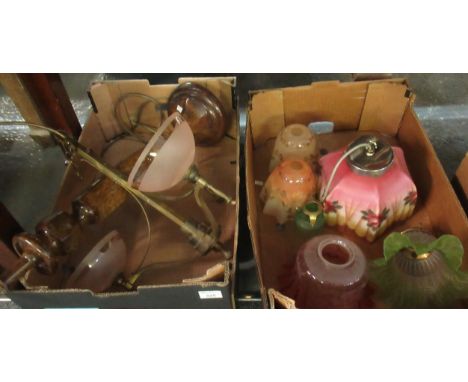 Two boxes of various light fittings to include: a tall ceramic lamp, pendulous copper ceiling light with three pink glass sha