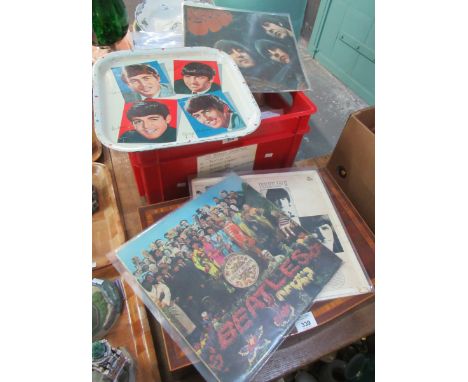 Box of Beatles records to include LPs and singles.  Possible first pressing of 'Please Please Me' 45rpm, red label, marked: 4