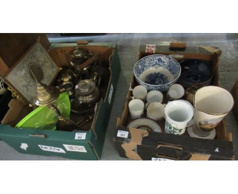 Two boxes, one of assorted china to include: Portmeirion 'Botanic gardens' vase, some display plates (hangers still attached)