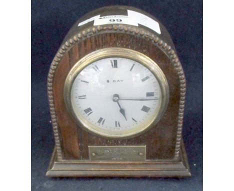Early 20th Century oak eight day presentation mantel clock, Llanelly public health dept. 1929. (B.P. 21% + VAT)We do not test