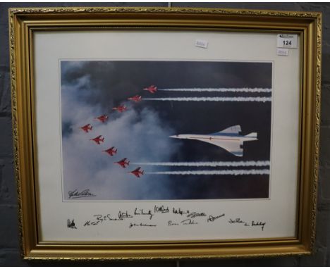 Photographic print of a concorde with red arrows with facsimile signatures. Framed and glazed.(B.P. 21% + VAT) 