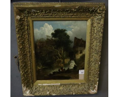 British School (19th Century), figures near a Welsh water mill, oils on panel, style of Constable, 32 x 27cm approx. Framed.(