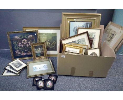 Box of assorted furnishing pictures and prints to include coloured etchings, portrait plaques etc.(B.P. 21% + VAT) 