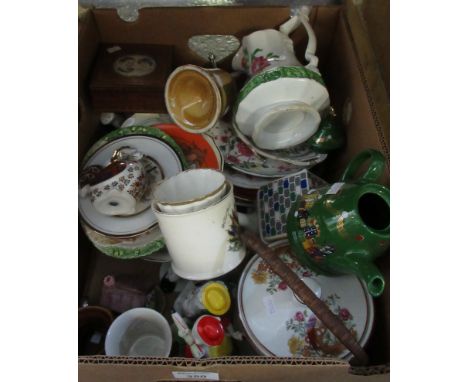 Varied assortment of china in a box to include: a Devon ware Fieldings mug commemorating the end of the First World War and a