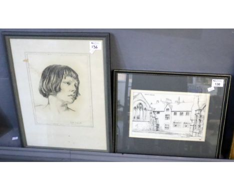 Edith Lodwick pencil sketch portrait of a young lady, together with 'Trinity College' Carmarthen in pen and ink by the same a