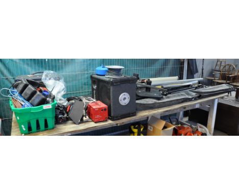 Collection of assorted mainly photography lights, together with a Carlsbro speaker and a collection of stands, tripods, pull 