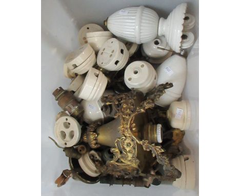 Box of vintage light fittings and accessories to include; a metal floral gilt ceiling light and various ceramic light connect