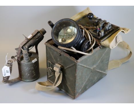 Brass blow lamp, together with a British military morse code signalling light in its original box. (2)(B.P. 21% + VAT) 