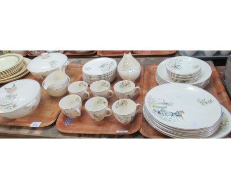 Three trays of 1950s Alfred Meakin 'Oklahoma' dinnerware to include: six dinner plates and a serving platter, seven smaller p