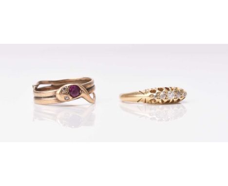 An early 20th century graduated five stone diamond ring, stamped '18ct', ring size N, weight approx 3.7g, together with a syn