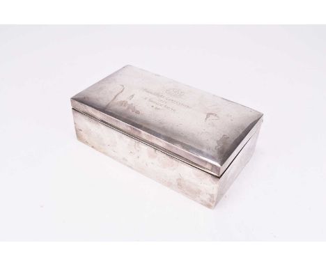 A silver cigarette box, marks rubbed, of rectangular form, inscribed to the cover 'Puja Bogey Competition 1927 H. Graham Smit