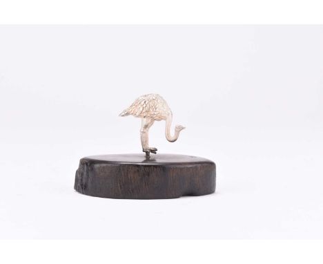 A Patrick Mavros silver model of an Ostrich, presented upon wood base, 4cm high