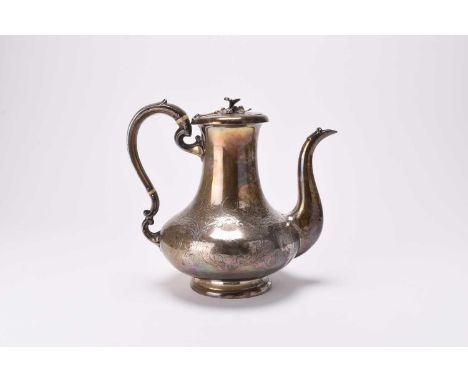 A Victorian silver coffee pot, Roberts & Briggs, Sheffield 1862, of baluster form with cast floral finial, engraved decoratio