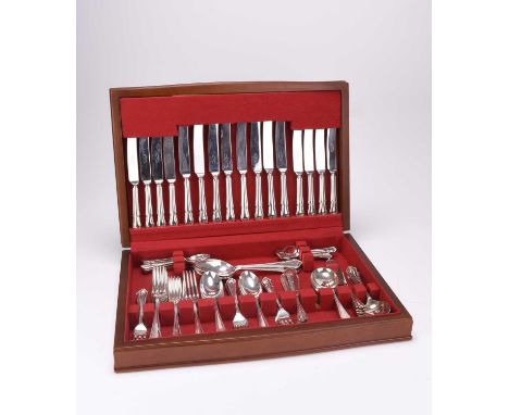 A canteen of silver plated cutlery, the eight place setting comprises; side knives, table knives, soup spoons, dessert spoons