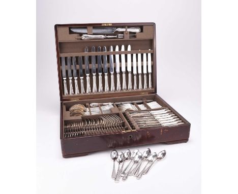 A cased canteen of Mappin &amp; Webb silver plated cutlery, the eight person setting comprises; table knives, side knives, ta