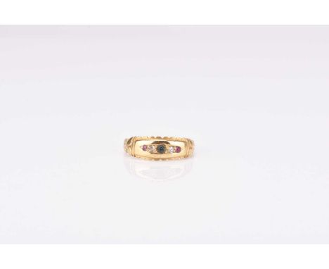 A Victorian 18ct gold five stone ring, the central faceted green paste flanked to each side by an old cut diamond and ruby, s