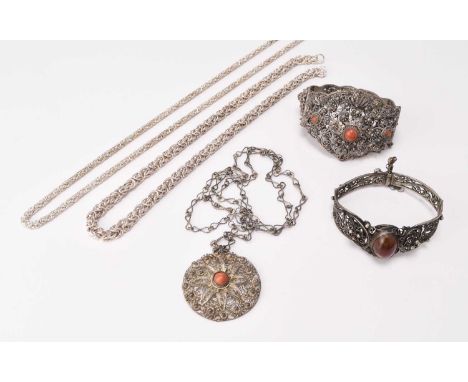A white metal chain necklace, stamped '925', clasp broken, weight approx 66g, together with a further white metal chain neckl