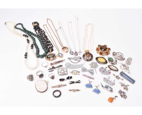A collection of jewellery and costume jewellery, to include; a collection of silver brooches, a yellow metal sapphire and see