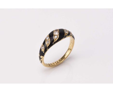 A Victorian 18ct gold diamond and black enamel mourning ring, designed as nine old and rose cut diamonds claw set in yellow g