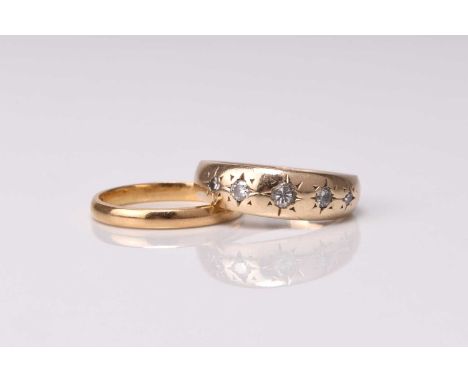 A 22ct gold wedding band, size I, weight approx 2g, together with a 9ct gold graduated five stone diamond ring, size J, weigh