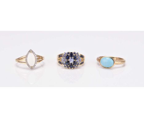 A 9ct gold marquise shaped opal ring, size S 1/2, together with a 9ct gold turquoise ring, size S and a 9ct gold sapphire clu