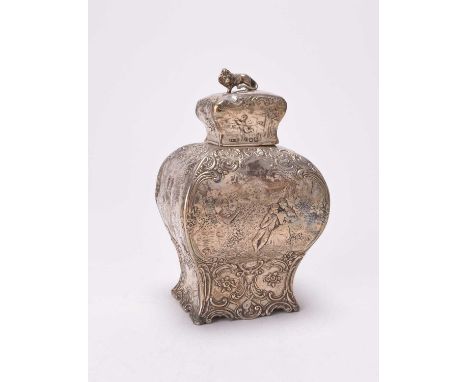 A Hanau silver tea caddy, import marks for Samuel Boyce Landeck, Sheffield, of bombe form with figural decoration of courting