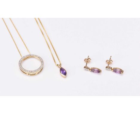 A 9ct gold diamond set hoop pendant on chain, together with a 9ct gold amethyst pendant on chain with a pair of matching earr